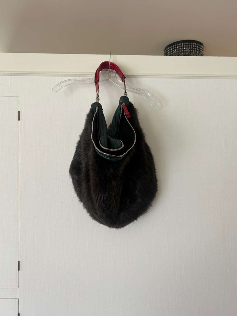 Gianfranco Ferré Black Faux Fur Hobo with Red Handle